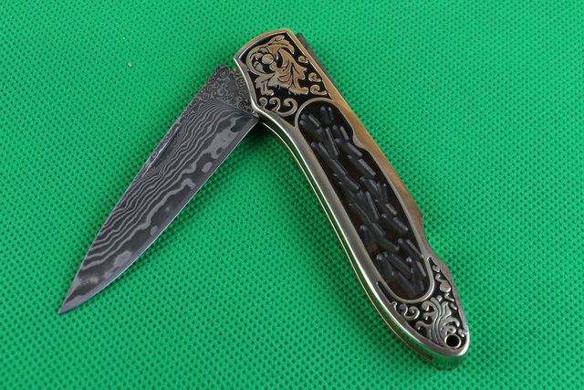 Golden Damascus folding knife UD402153